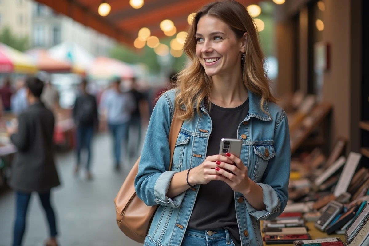 Jeune femme découvre un vieux téléphone portable au marché