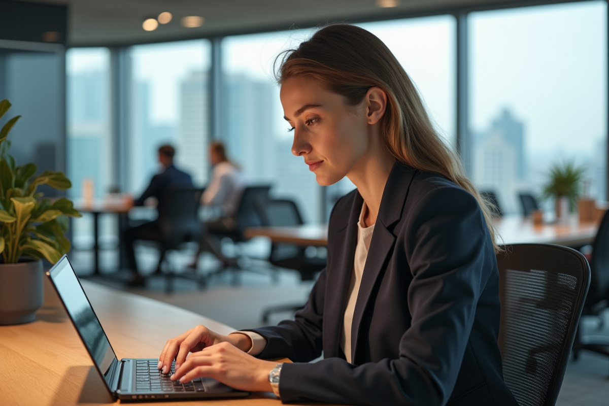 Jeune femme concentrée sur sa tablette dans un bureau moderne