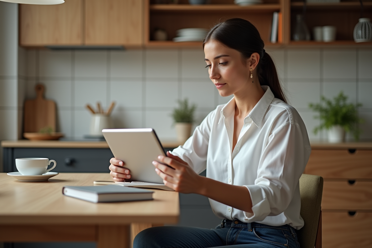 Jeune femme professionnelle utilisant une tablette à la maison