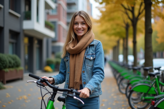 Femme en veste en denim et foulard dans la ville avec vélo vert
