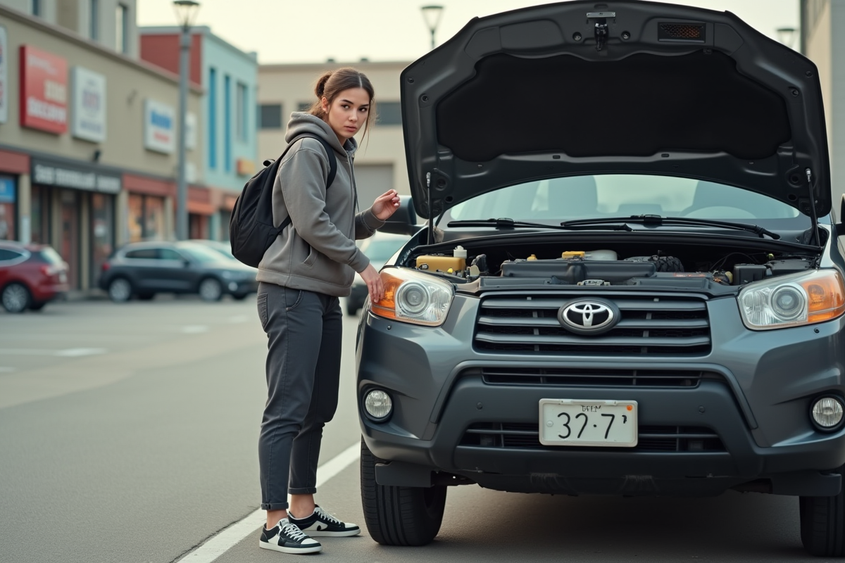 Femme inspectant le moteur d’un SUV en ville