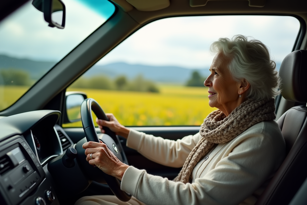 Femme âgée conduisant dans un paysage rural