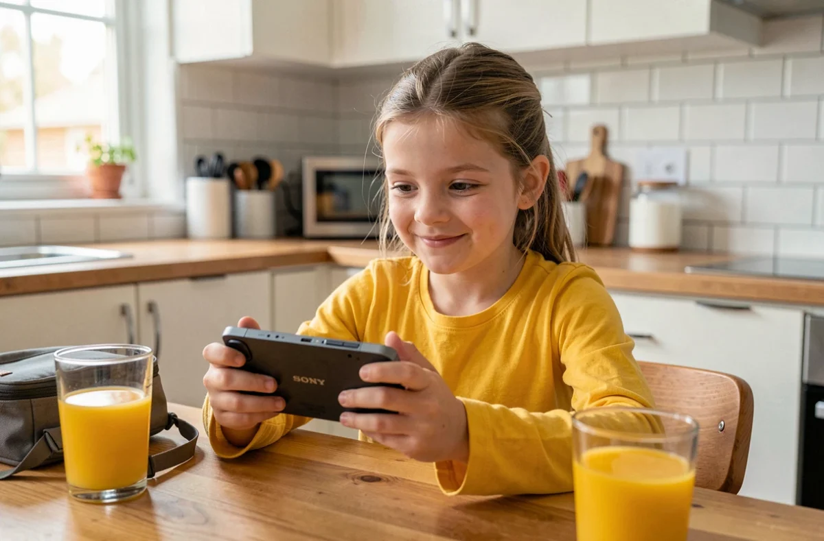 Jeune fille utilisant une console portable Sony à la table de cuisine familiale avec un sac à dos
