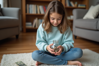 Jeune fille de 12 ans compte des pièces dans un salon chaleureux