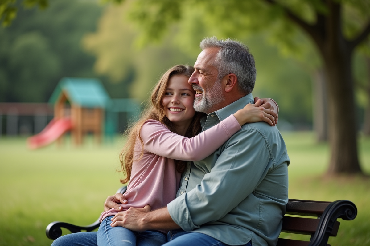Fille adolescente embrassant son beau-pere dans un parc
