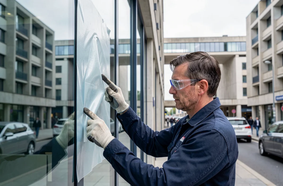 Technicien appliquant un film de protection sur un vitrage commercial au Havre