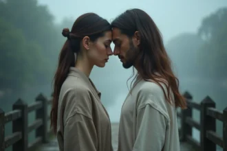 Couple de flammes jumelles face à face sur un pont brumeux au crépuscule, symbolisant la connexion spirituelle profonde et le tournant du lien sacré