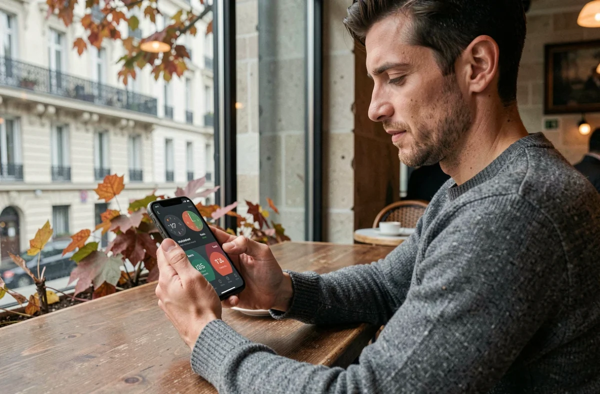 Homme français dans un café parisien consultant une application d'horloge mondiale affichant le fuseau horaire de Madagascar en automne
