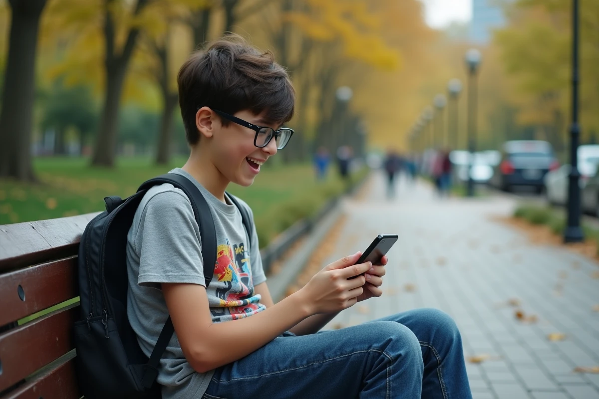 Adolescent regardant forums anime sur smartphone dans le parc