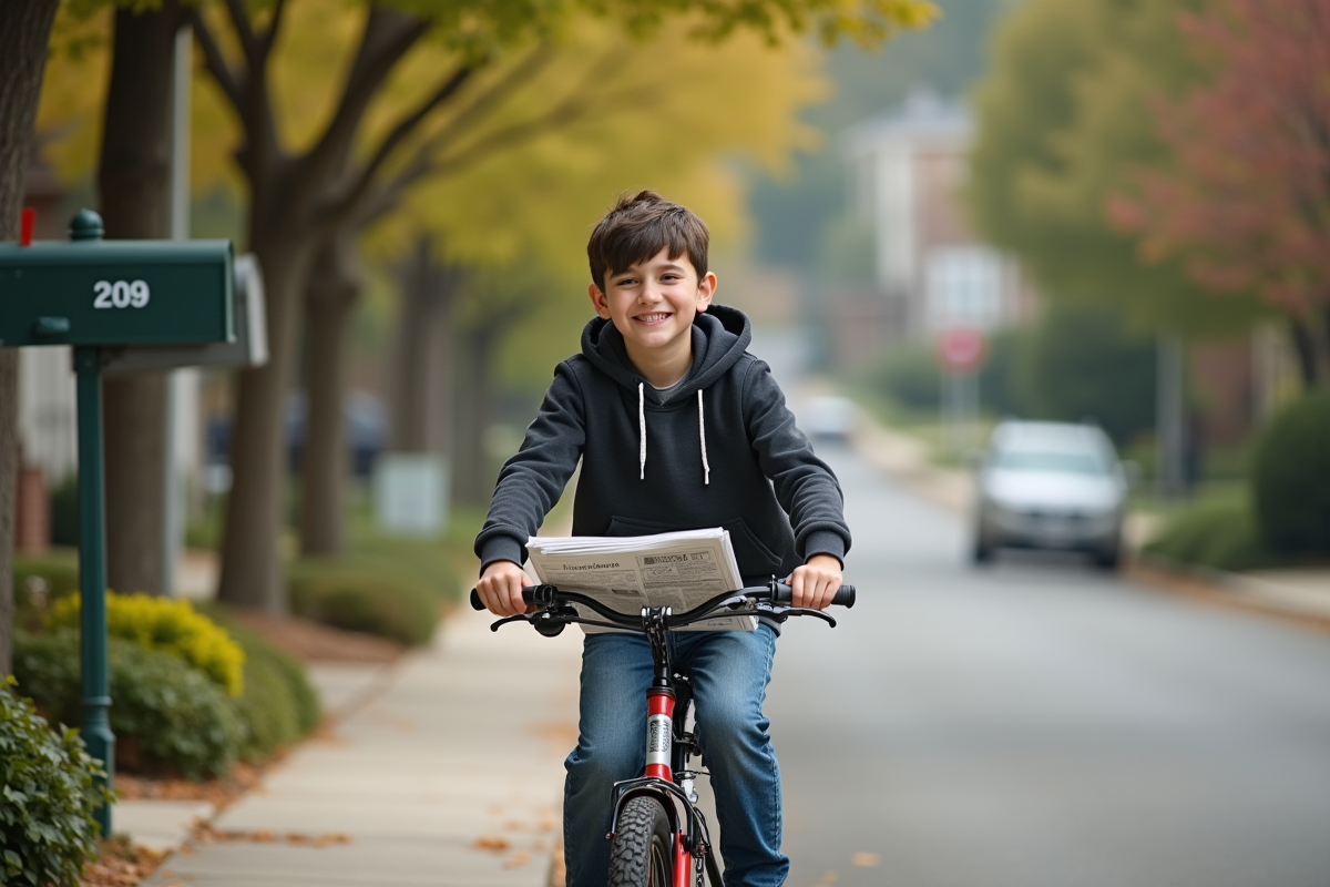 Garçon de 12 ans livre des journaux dans une rue calme