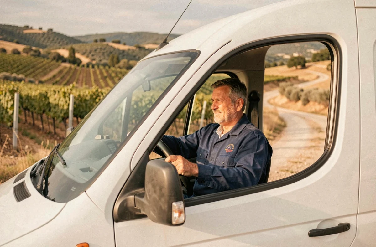 Plombier Georges Assistances se déplaçant en camionnette dans le paysage rural de l'Hérault