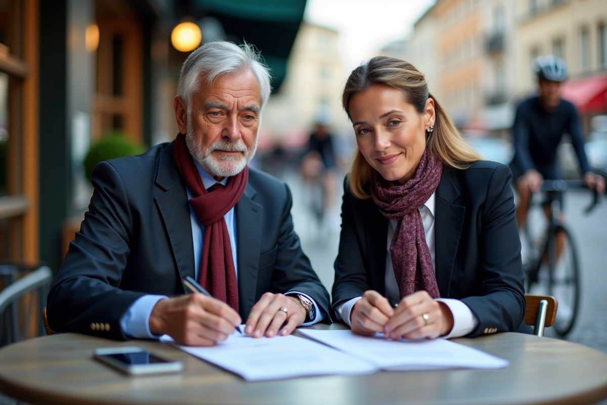 Deux managers de cyclisme discutant à un café urbain
