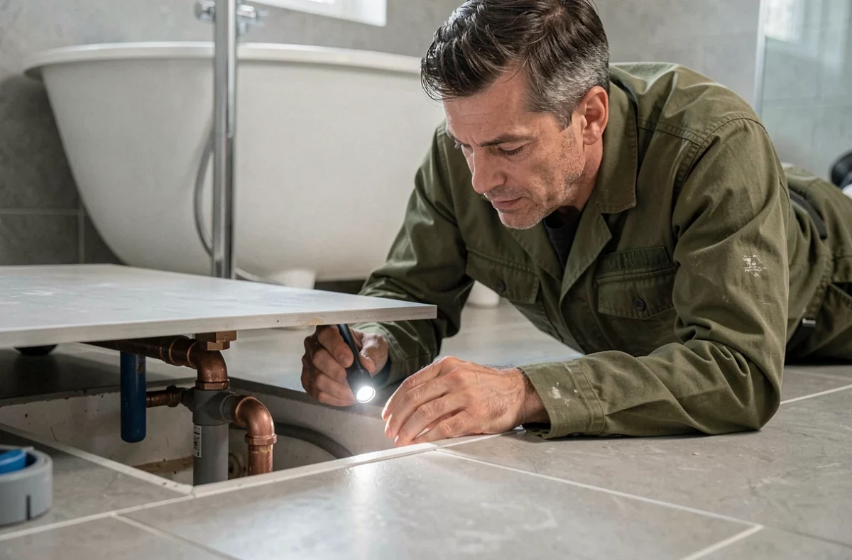 Technicien G F Maintenance inspectant les canalisations cachées sous un plancher de salle de bain