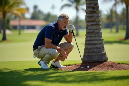 Golfeur étudiant la règle du palmier près d'un palmier sur un parcours de golf tropical