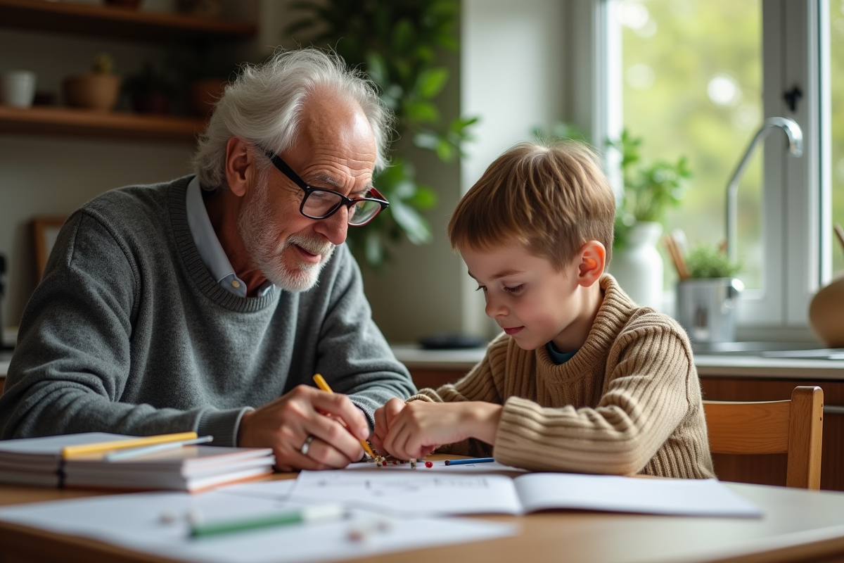 Grand père aidant un jeune garçon avec un projet scientifique