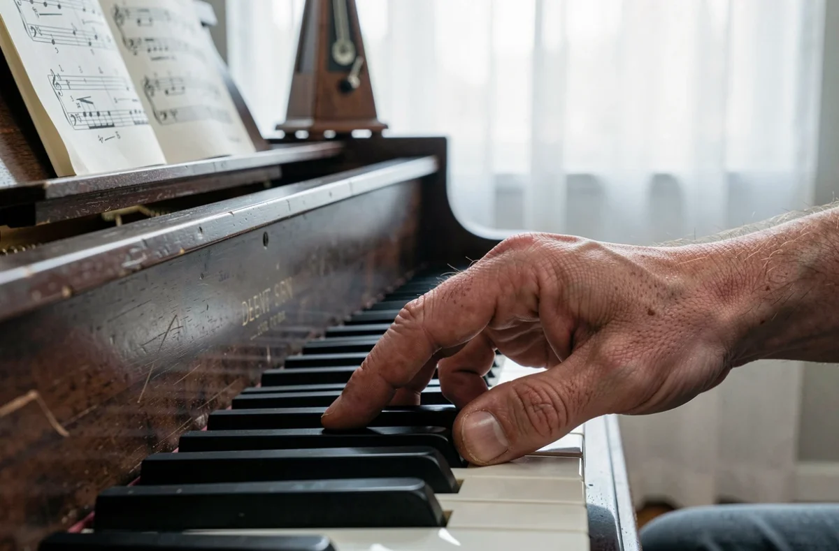 Gros plan d'une main droite d'adulte jouant les notes de la partition simplifiée de Let It Be sur un piano à queue