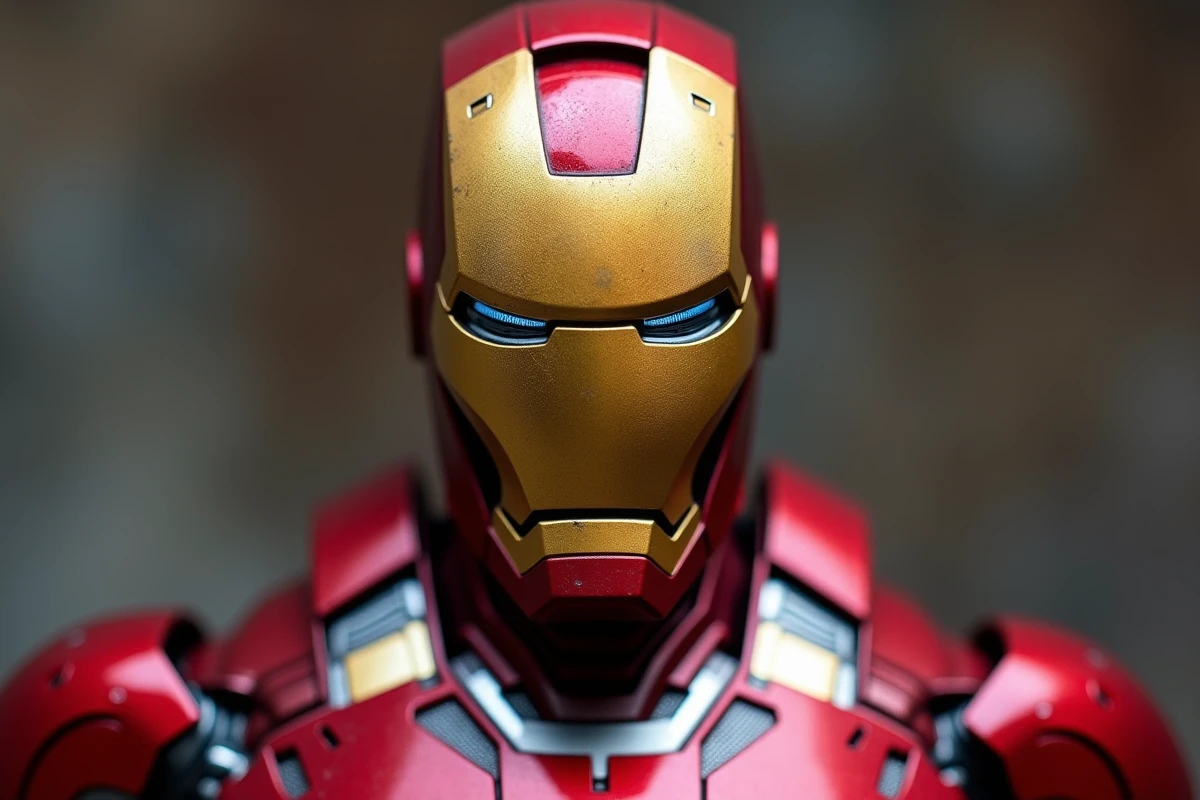 Gros plan sur la tête et le buste d'une statue premium Iron Man, détails de peinture et textures métalliques de haute qualité visibles