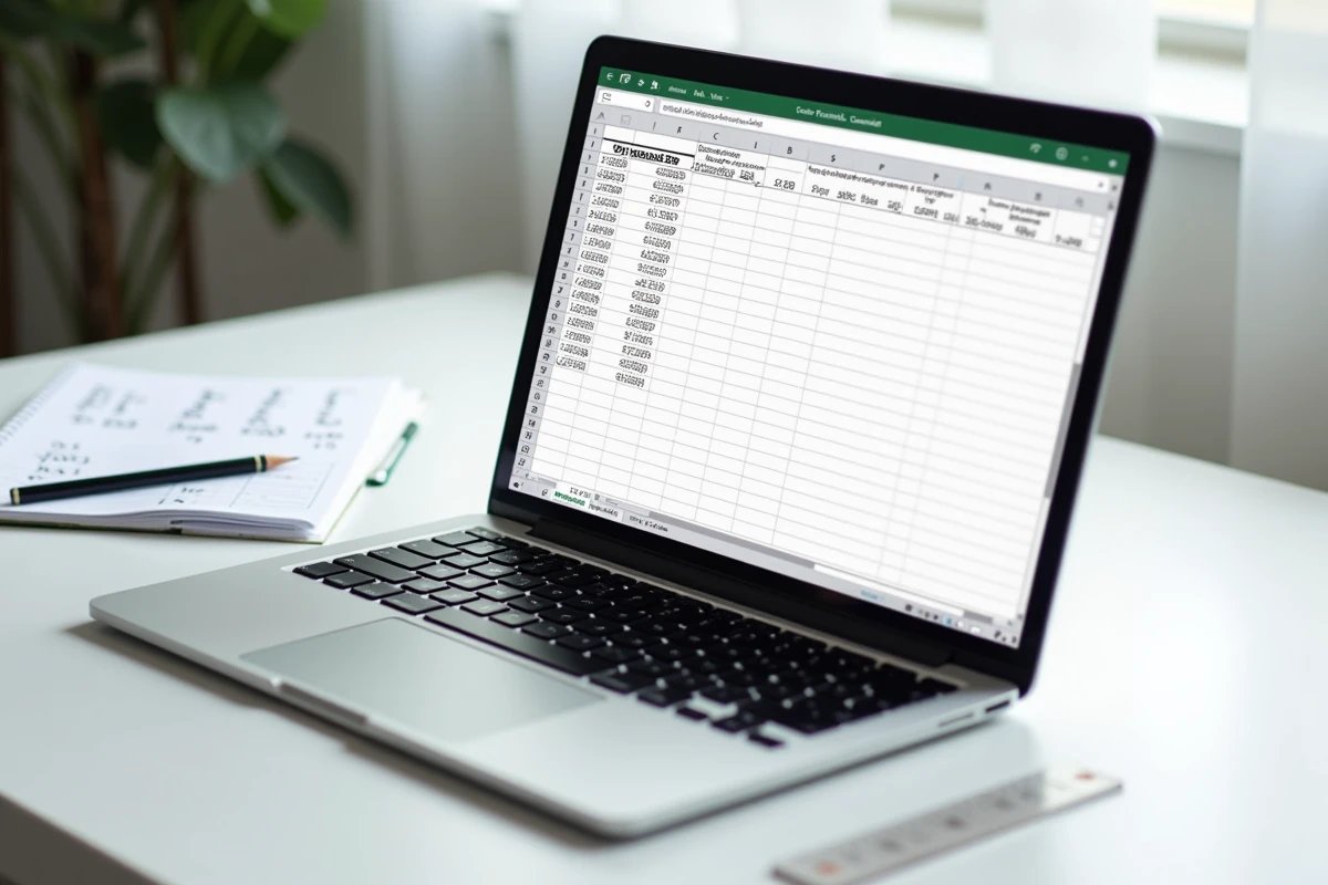 Gros plan d'un tableur Excel affichant une table de conversion cm3 en litres avec formules visibles sur un bureau épuré