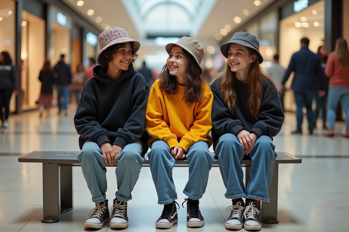Trois adolescents en streetwear dans un centre commercial