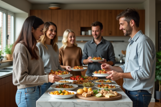 Groupe d'adultes souriants autour d'un îlot de cuisine moderne