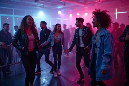 Groupe d'amis dansant dans une boîte de nuit électro à Paris avec décor béton et néons