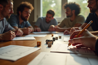 Groupe d'amis jouant aux dés autour d'une table en journée