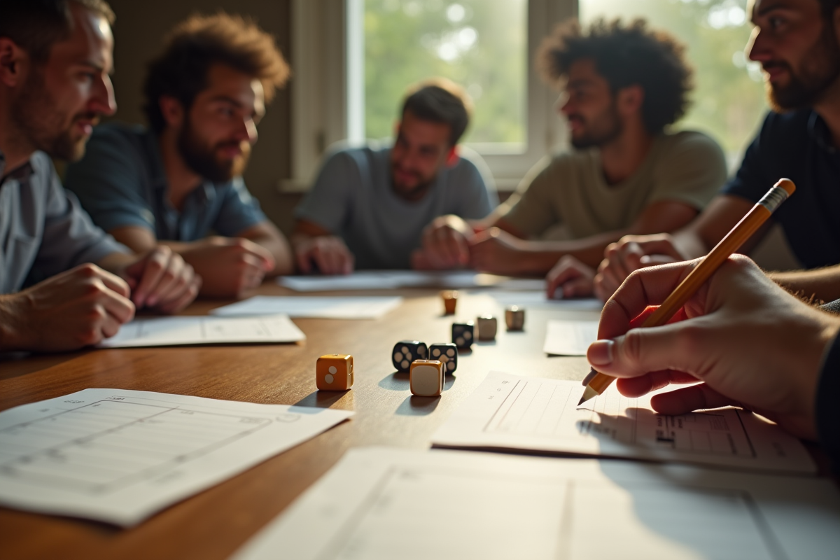 Groupe d'amis jouant aux dés autour d'une table en journée