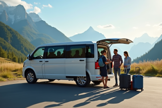 Groupe d'amis chargeant bagages dans un minivan moderne en montagne