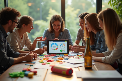 Groupe de personnes collaborant autour d'une table avec matériaux recyclés