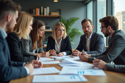 Groupe de professionnels en réunion dans un bureau moderne