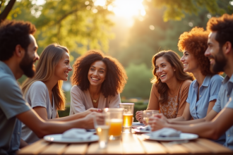 Groupe divers souriant en plein air lors d'une rencontre