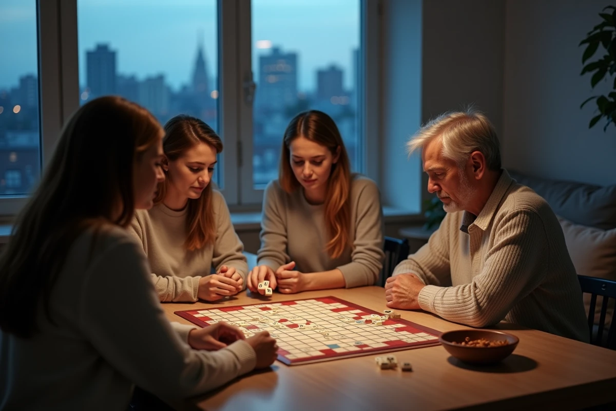 Groupe de joueurs adultes en pleine partie de Scrabble autour d'une table dans un appartement moderne