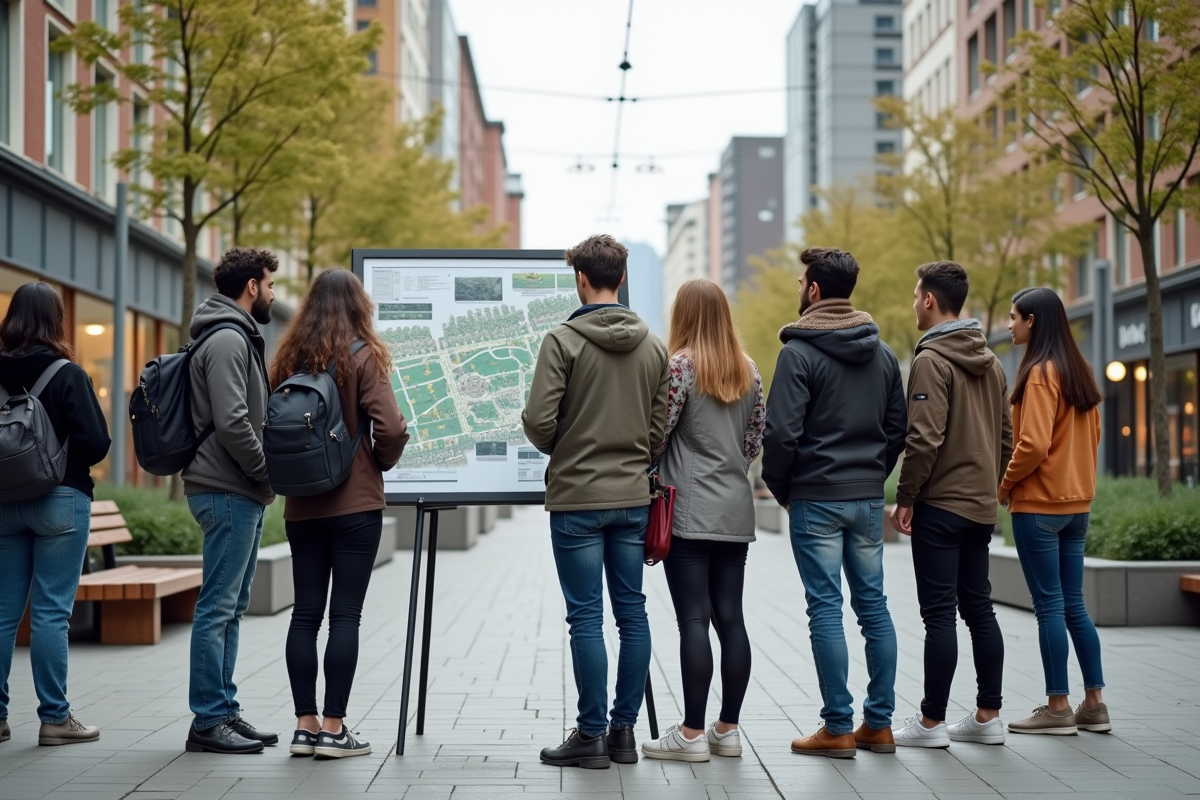 Jeunes discutant autour d un panneau d urbanisme en ville