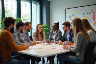Groupe divers de professionnels collaborant dans un bureau lumineux