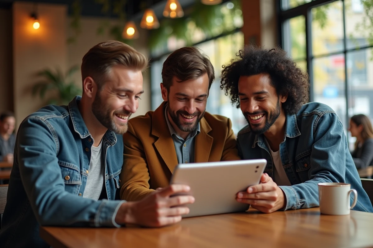 Trois personnes regardant un tableau numérique dans un café lumineux