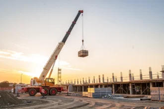 Grue mobile télescopique en levage sur un chantier