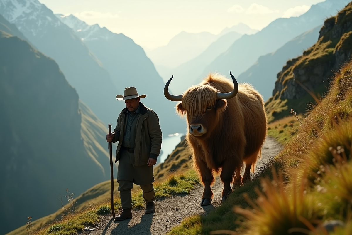 Berger himalayen guidant un yak au lever du soleil