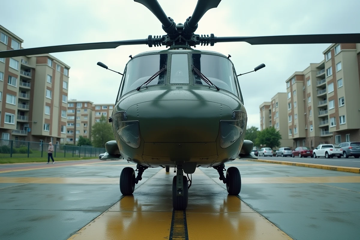Hélicoptère militaire stationné sur un héliport urbain illustrant les contraintes de bruit et de sécurité en zone habitée