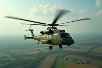 Hélicoptère militaire en vol au-dessus d'un paysage rural français, vue depuis le sol montrant l'altitude de croisière réglementaire