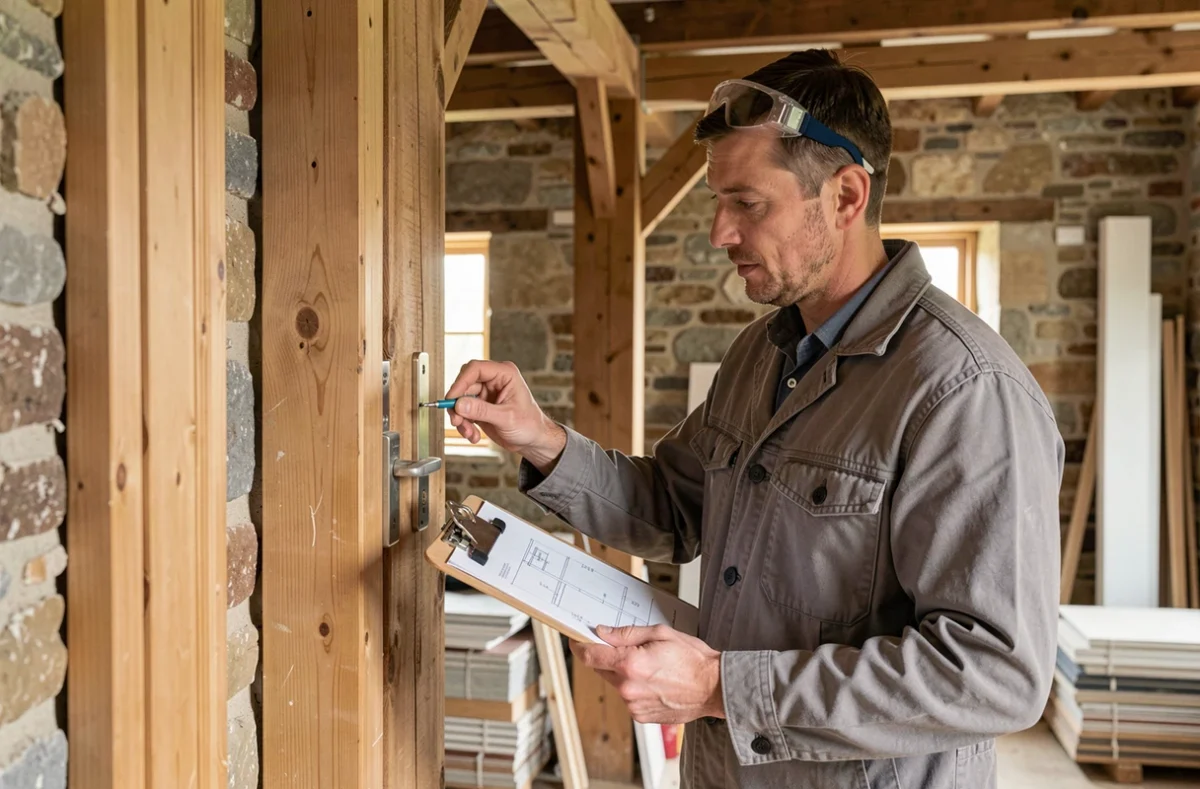 Spécialiste de Home Reno Concept inspectant une serrure dans une maison en cours de rénovation dans le Cher