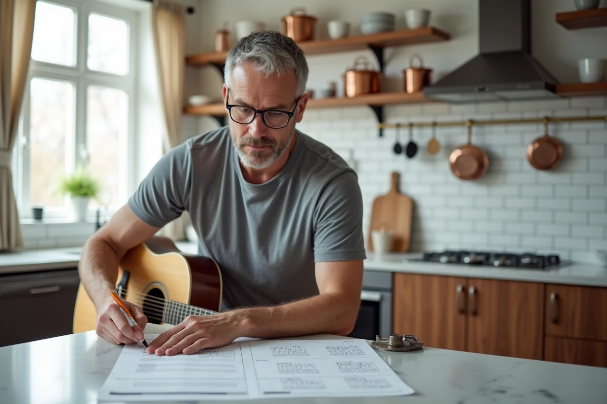 Homme adulte débutant en guitare acoustique annotant une partition tablature sur le plan de travail de sa cuisine