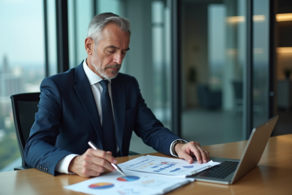 Homme d'affaires en costume analysant des graphiques financiers
