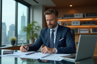 Homme d'affaires en costume navy en portrait professionnel