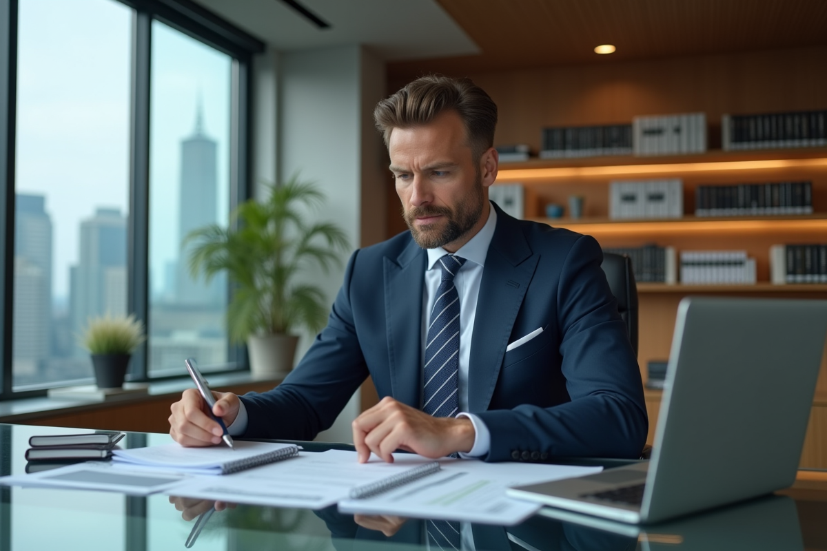 Homme d'affaires en costume navy en portrait professionnel