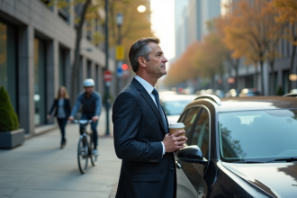Homme d'affaires regardant les cyclistes en ville