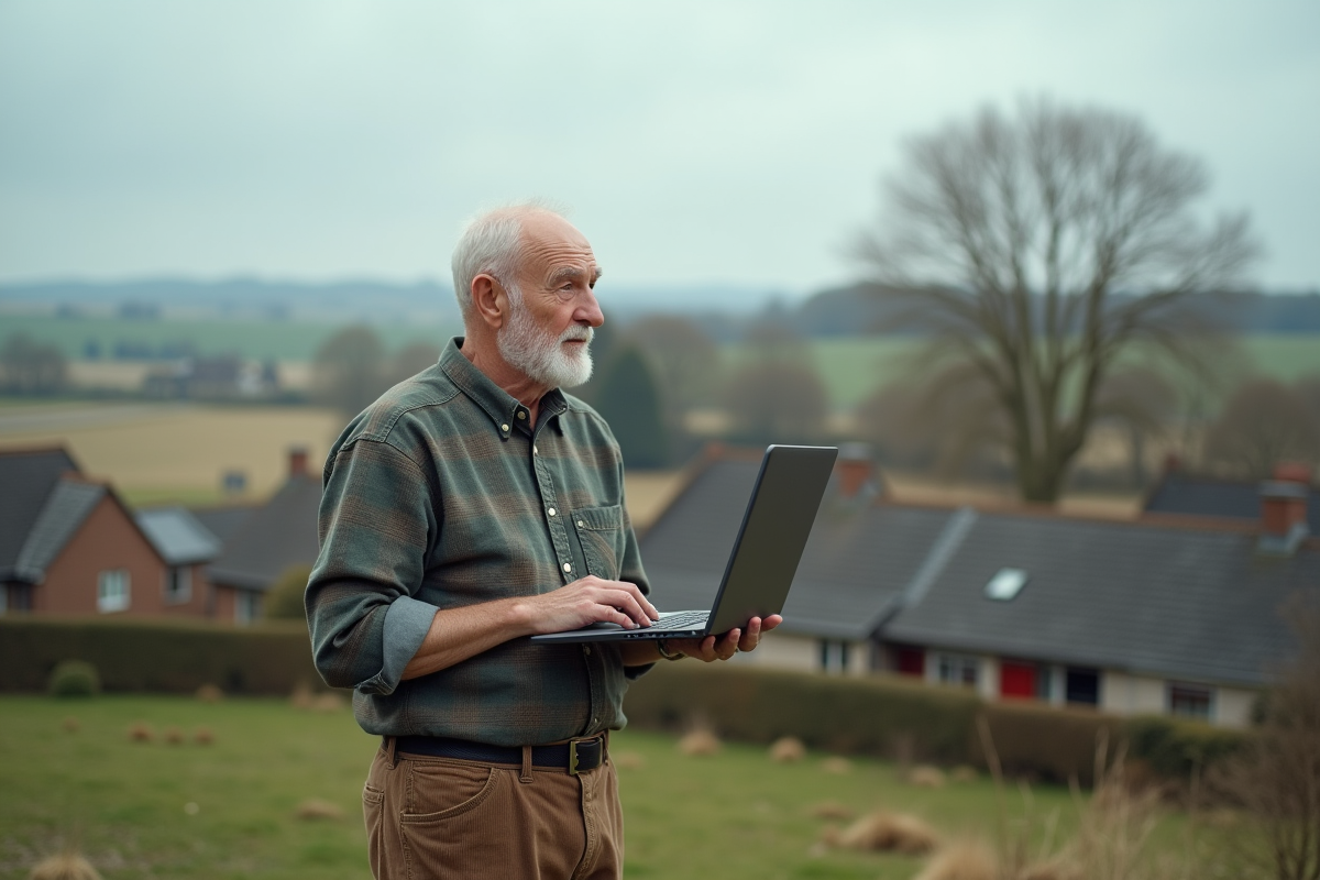 Homme âgé utilisant un ordinateur en extérieur dans un village