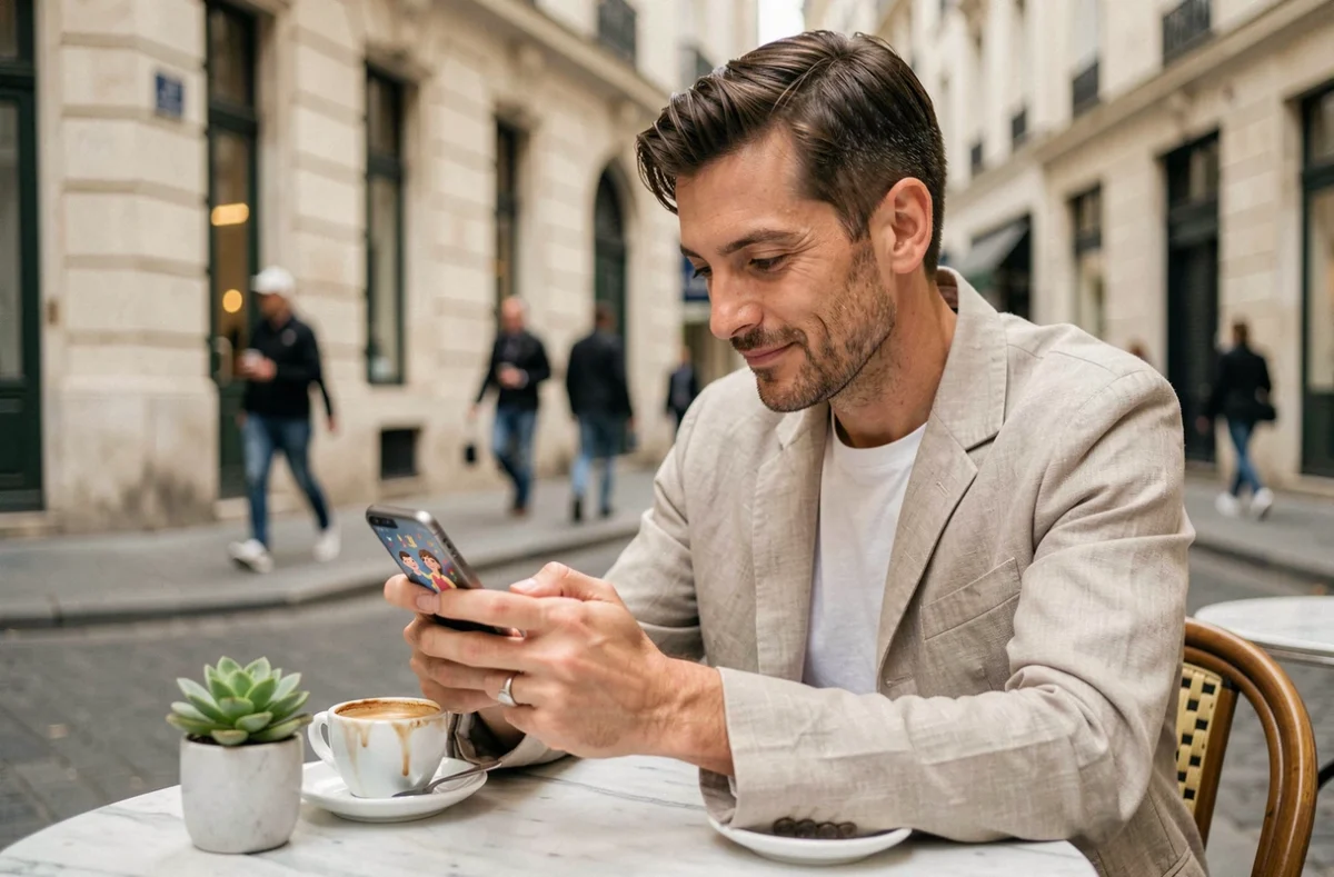 Homme consultant des animations d'anniversaire minimalistes sur smartphone dans un café moderne