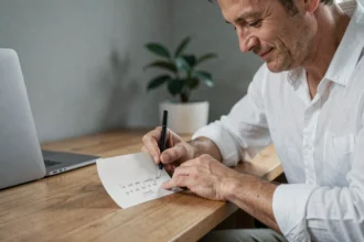 Homme d'anniversaire écrivant un message minimaliste sur une carte sobre dans un bureau moderne