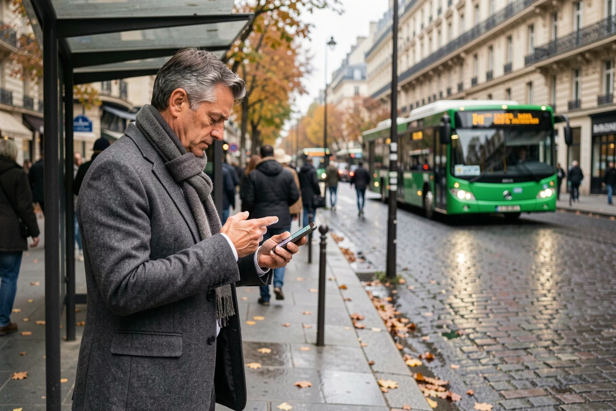 Homme en costume attendant le bus RATP à un arrêt parisien en consultant une application de transport en temps réel