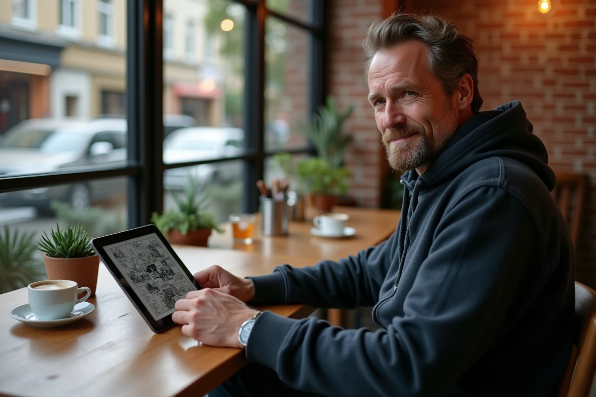 Homme détendu lisant un manga dans un café urbain